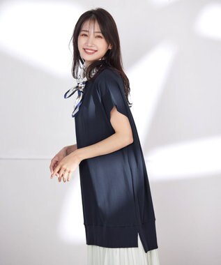 Tiaclasse 【洗える】裏毛プリーツコンビワンピース ネイビー×オフ