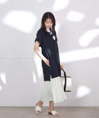 Tiaclasse 【洗える】裏毛プリーツコンビワンピース ネイビー×オフ