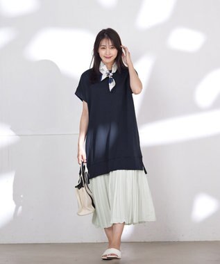 Tiaclasse 【洗える】裏毛プリーツコンビワンピース ネイビー×オフ