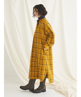 CRAFT STANDARD BOUTIQUE 先染めチェック（小）バンドカラー袖ＲＩＢ　ＯＰ Mustard