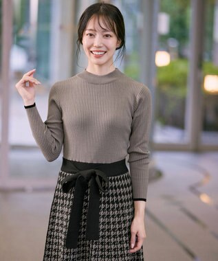 Tiaclasse 【洗える】千鳥柄ニットプリーツワンピース モカ