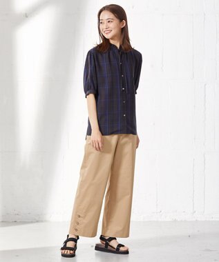 J.PRESS LADIES 【洗える】キュプラチェック フリルスタンドカラー ブラウス ネイビー系3