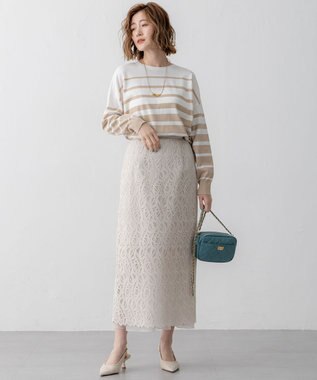 23区 【洗える】プレミアムビオコットン ボーダー ワイド ニット オフ×ベージュ