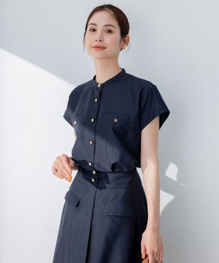 組曲 【洗える・涼感】シアーボイルバンドカラー ブラウス ネイビー系