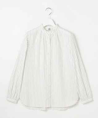 J.PRESS LADIES L BEZコットンナイロン ストライプ フリル襟 ブラウス ホワイト×ライム×グレー系