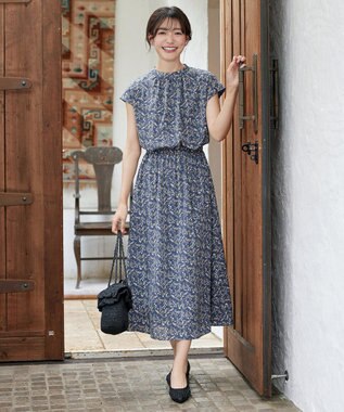 Tiaclasse 【新色追加】花柄フレンチスリーブワンピース ブルー