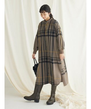 CRAFT STANDARD BOUTIQUE 先染めチェック（大）バンドカラー袖ＲＩＢ　ＯＰ Khaki