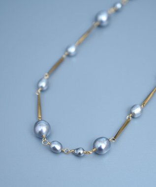 monshiro ガラスパールバーチェーンネックレス ゴールド×グレー