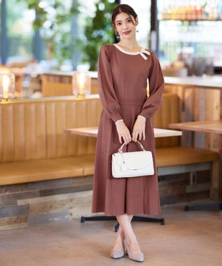 Tiaclasse 【洗える】リボン衿配色ニットワンピース ピンク