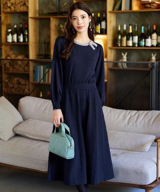 Tiaclasse 【洗える】リボン衿配色ニットワンピース ネイビー