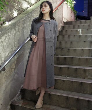 Tiaclasse 【洗える】リボン衿配色ニットワンピース ピンクモカ