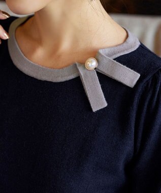 Tiaclasse 【洗える】リボン衿配色ニットワンピース ネイビー