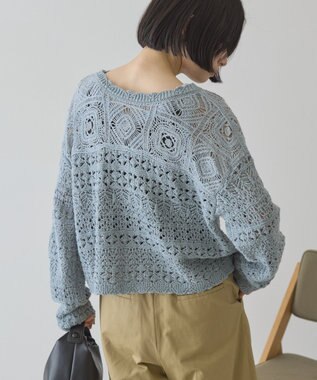 AMERICAN HOLIC 【前後2WAY】レース透かし編みニットカーディガン Sax