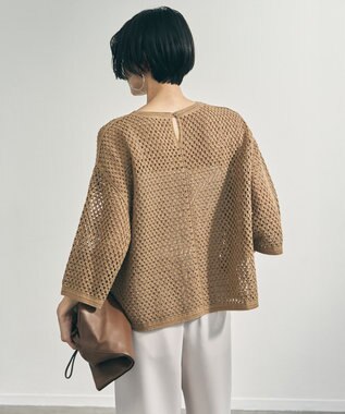 UNFILO L クロシェレースニット ハーフスリーブ プルオーバー キャメル