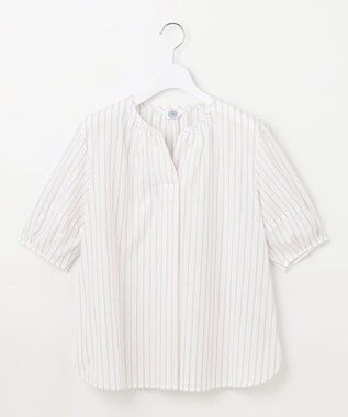 J.PRESS LADIES 【洗える】BEZ空羽ストライプ クルーネック V開き ブラウス ホワイト系1