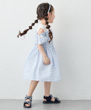 ANY KIDS 【洗濯機可能】オンオフショルダーワンピース サックスブルー×チェック