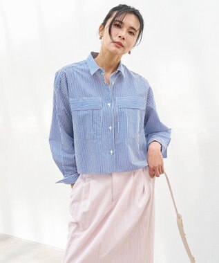 UNFILO シアークロップドシャツ ブルーストライプ