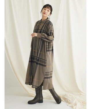 CRAFT STANDARD BOUTIQUE 先染めチェック（大）バンドカラー袖ＲＩＢ　ＯＰ Khaki