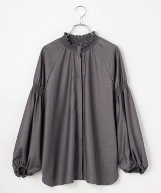 #Newans 【洗濯機可/しわになりにくい】シャーリングネック ボリュームスリーブブラウス チャコール