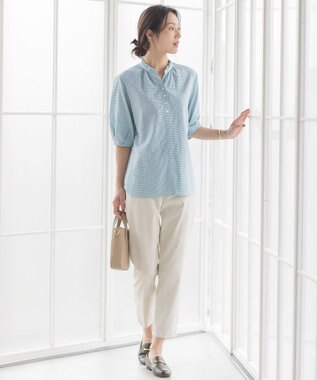 J.PRESS LADIES S 【洗える】アセVis ギンガム フリル襟 ブラウス シーグリーン系3