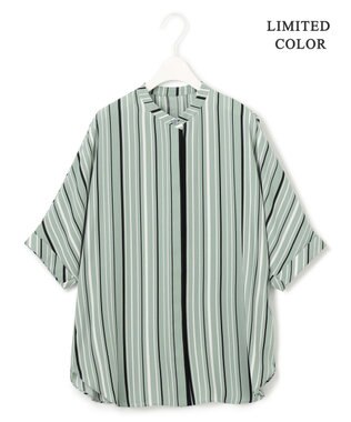 ICB 【新色追加・接触冷感・UVケア・速乾・洗える】BackSatinAmunzen 5分袖バンドカラーブラウス ティールグレーストライプ系［WEB限定］