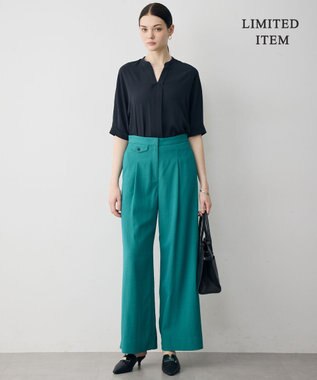 ICB 【新色追加・WEB限定】BackSatinAmunzen 5分袖キーネックブラウス ネイビー