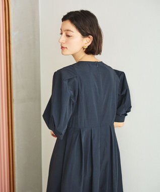 #Newans 【撥水加工/洗濯機可能】〈小柄さんにお勧め〉パフスリーブフレアワンピース ネイビー