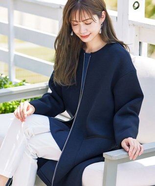 Tiaclasse パイピングノーカラーダンボールコート ネイビー