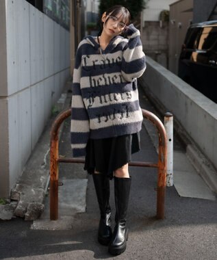 WEGO シャギーグラフィックZIPパーカー グレーボーダー