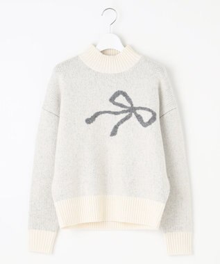 Feroux 【洗える】リボン柄ハイネック プルオーバーニット アイボリー