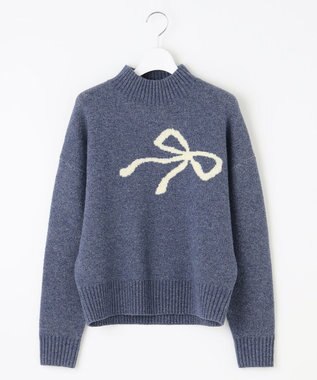 Feroux 【洗える】リボン柄ハイネック プルオーバーニット ラベンダーブルー
