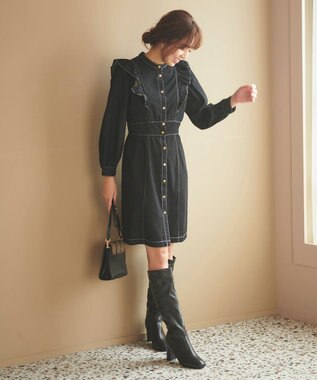 Feroux 【洗える】デニムミディ ワンピース ブラック系