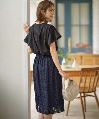 組曲 GIZAプレーティング天竺フリルスリーブ Tシャツ ブラック系