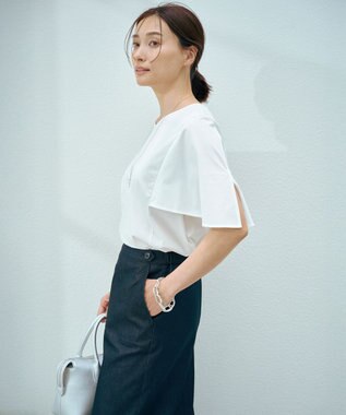 J.PRESS LADIES L 【洗える】シャンブレーサテン ナロー スカート ネイビーシャンブレー系