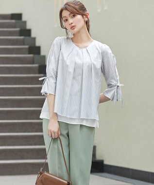 Tiaclasse L ストライプリボンレイヤードブラウス オフストライプ