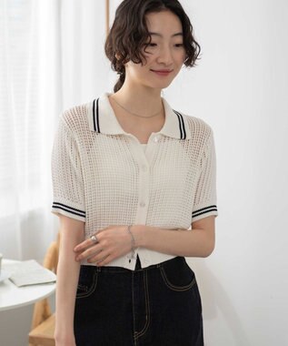 WEGO 襟付きメッシュニットショートカーデ ホワイト