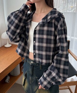 WEGO チェックショートフードシャツ ネイビー