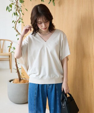 Green Parks 深Ｖネックミニ裏毛フレンチスリーブプルオーバー Ecru