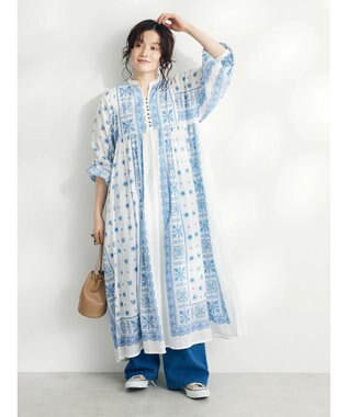 CRAFT STANDARD BOUTIQUE パネル柄ウエスト切り替えボリュームワンピース Blue