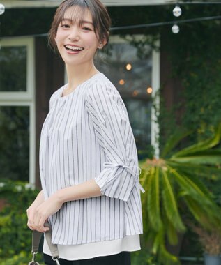 Tiaclasse L ストライプリボンレイヤードブラウス ホワイトストライプ