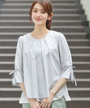 Tiaclasse L ストライプリボンレイヤードブラウス オフストライプ