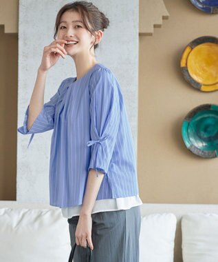 Tiaclasse L ストライプリボンレイヤードブラウス サックスストライプ