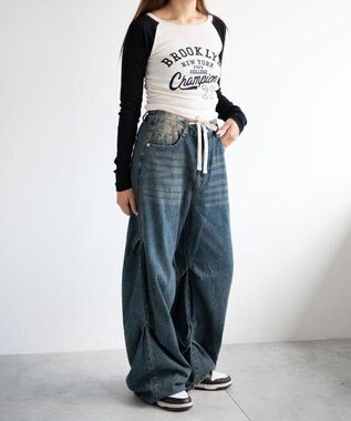 WEGO ドロストコードフレアデニム デニム中濃色