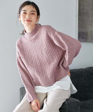 ANY 【洗濯機可能】シャツコンビケーブルニット ピンク
