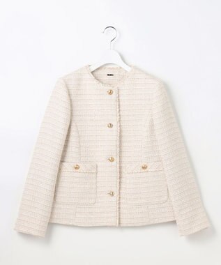 ANY SIS L ノーカラーフリンジツイード ジャケット ライトベージュミックス