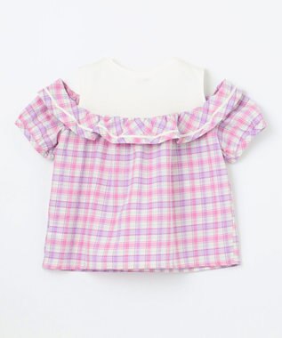 ANY KIDS チェック オフショルダー ブラウス ピンク