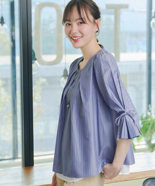 Tiaclasse L ストライプリボンレイヤードブラウス ネイビーストライプ
