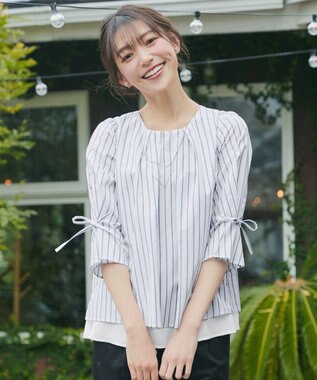 Tiaclasse L ストライプリボンレイヤードブラウス ホワイトストライプ
