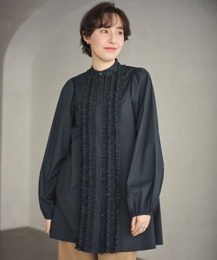 #Newans 【シワになりにくい/洗濯機可能】ロングフリルチュニック ネイビー