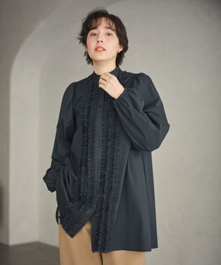 #Newans 【シワになりにくい/洗濯機可能】ロングフリルチュニック ネイビー